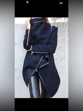 Women’s Blue asymmetrical Wrap With zipper Sleeves faux leather edge size medium